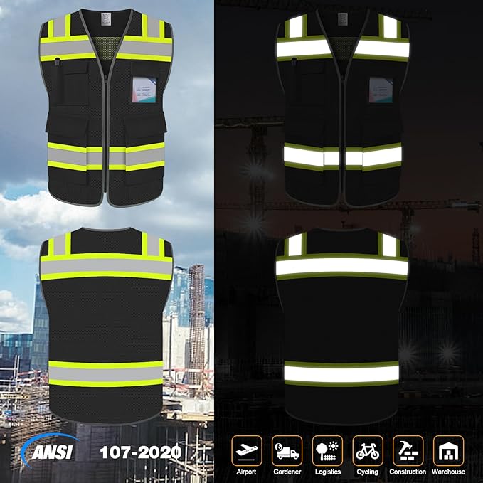TCCFCCT Reflective Safety Vest 5 Pockets Mesh High Visibility Vest for Men Women, Hi Vis Construction Work Vest with Fluorescent Orange Edge, Durable with Reinforced Sewing, Meet ANSI/ISEA, DW-Black, S