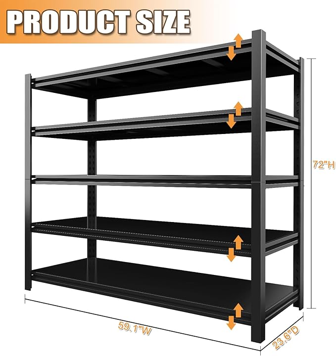 2PCS 59''W/72''H Garage Shelving Units Heavy Duty 5000LBS Metal Storage Shelves Adjustable Steel Industrial Shelving 5 Tier Storage Shelf Rack for Basement, Warehouse