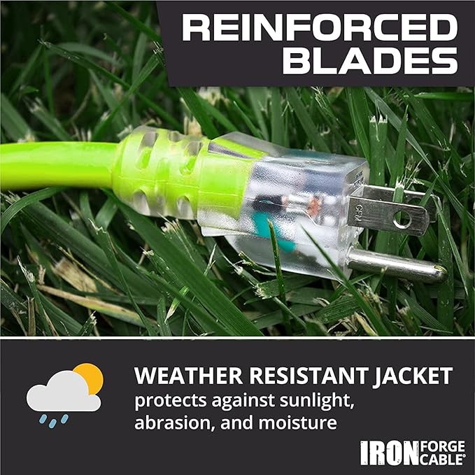 Iron Forge Cable Weatherproof 25 Ft Outdoor Extension Cord - 16/3 SJTW 13 Amp Heavy Duty Neon Green High Visibility Cable with 3 Prong - Lighted End