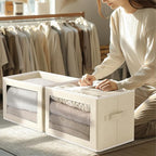 Storage Boxes with Lids - 4 Pack Fabric Clear Window Storage Bins, Large Decorative Storage Bins with Handles, Linen Closet Organizer for Clothes, Towel, Blanket, Beige