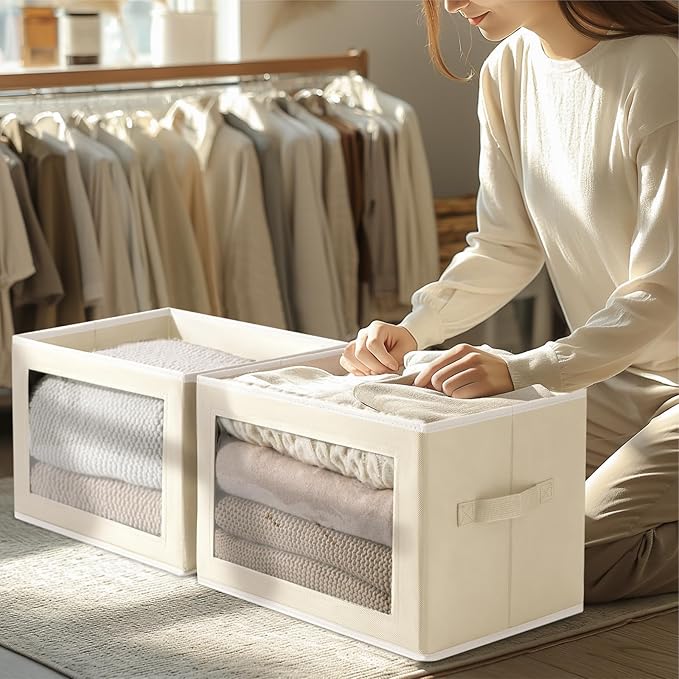 Storage Bins with Lids - Fabric Closet Storage Bins with Window, Collapsible Baskets for Shelves 4 Pack, Home Decorative Boxes for Clothes, Closet, Office, Beige