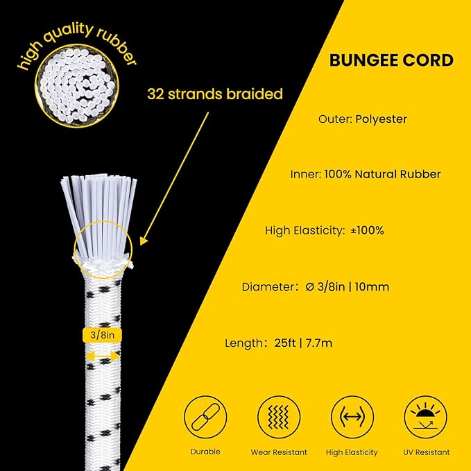 Bungee Cord Elastic Shock Cord 3/8" x 25' Bungee Rope for DIY, Tie Downs, Kayak and Outdoor - White&Black