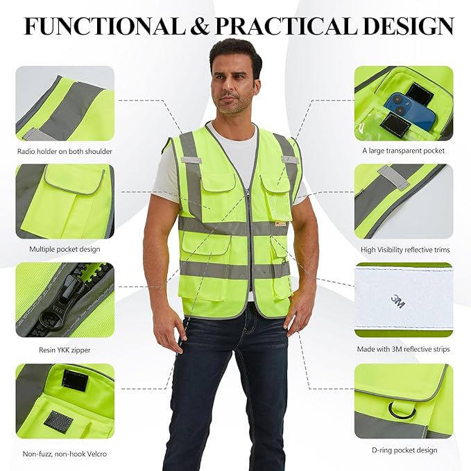 SIFE Reflective Safety Vest High Visibility Vest With 7 Pockets And YKK Zipper, ANSI/ISEA Class 2 Standard, Made With 3M Reflective Tape(03YG-Yellow Mesh,XL)