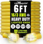 6ft Outdoor/Indoor Extension Cord 16/3 Gauge Heavy Duty 3 Prong SJTW, Waterproof, ETL Listed, Flexible Cold-Resistant Long Power Cord,13A 125V 1625W, Yellow by LifeSupplyUSA