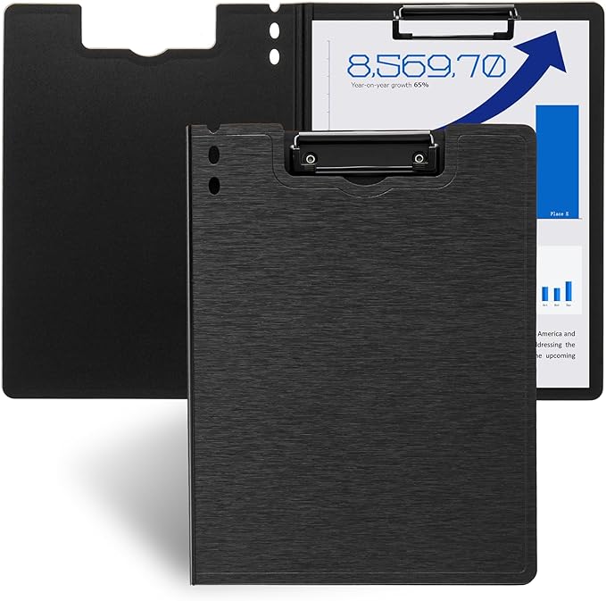 Y YOMA Clipboard Folder, A4 Foldable Plastic Clipboard with Metal Clip, 360° Rotating Cover, Waterproof Work Folder for Home, Office, School, Field Work, Outdoor - 2 Pack, Black