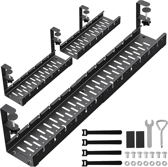 31Inch Extendable Under Desk Cable Management Tray, Black Metal Cable Management Tray Under Desk Cord Management with Clamp, 31 Inch x 4.33 Inch