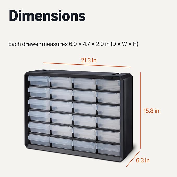 Amazon Basics Storage Cabinet, 24-Drawer Plastic Organizer with Dividers for Office/Craft/Tools, Wall Mountable, 6.3 x 21.3 x 15.8 inch, Black
