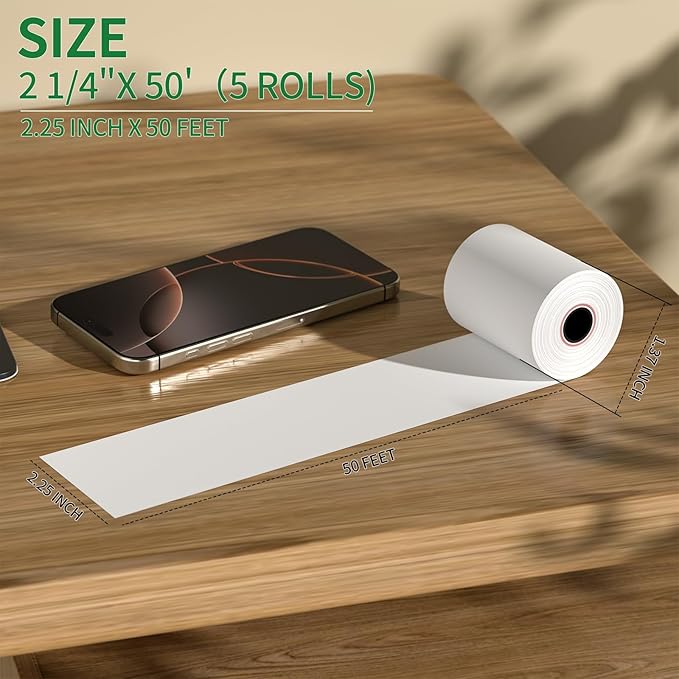 (5 Rolls) 2 1/4" x 50' Thermal Receipt Paper Rolls, Cash Register POS Thermal Paper, Credit Card Roll Thermal 2 1/4 in x 50 ft.