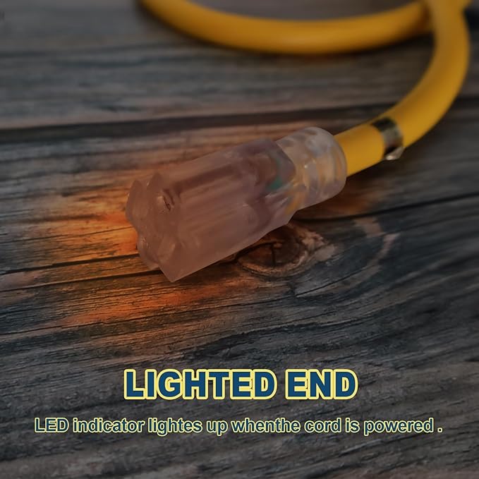 EP 50 Ft Lighted Outdoor Extension Cord - 10/3 SJTW Heavy Duty Yellow Extension Cable with 3 Prong Grounded Plug for Safety, UL Listed