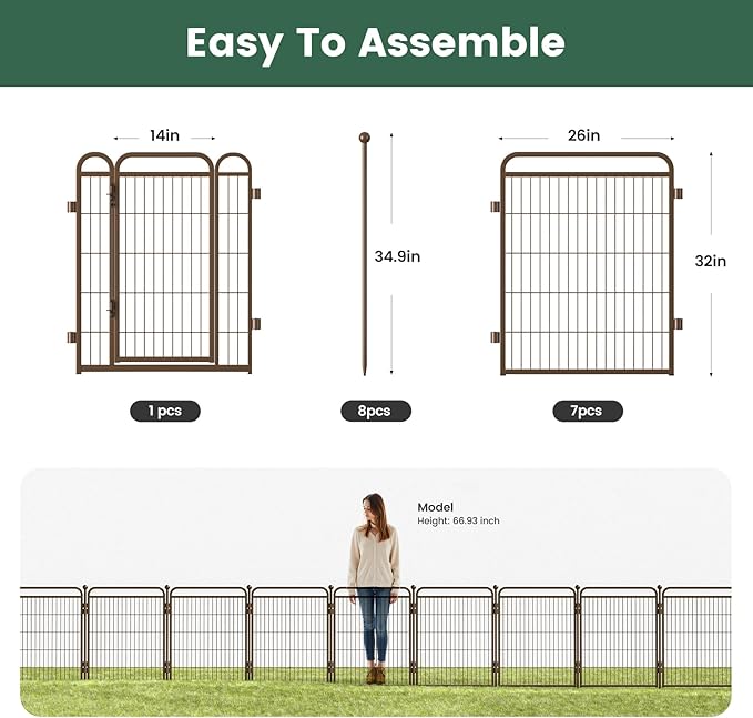 32 in(H) Decorative Garden Fence Outdoor for Yard with Gates,Heavy Duty Iron 8 Panels Total 17.3ft(L) Anti Dig Fence with Gravity Automatic Lock for Indoor/Outdoor Decorative Dog Fence,Brown