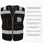 TCCFCCT Mesh Reflective Safety Vest with 5 Pockets High Visibility Vest for Men Women, Work Vest with Horizontal Strip for Walkie-talkie and ID Card, Meets ANSI/ISEA Standards, Black, 4XL