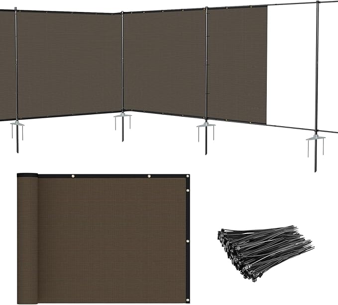 Patio 5' x 114' Outdoor Privacy Screen Freestanding Temporary Fence Panels Net Cover with Metal Poles for Outside Backyard Pool Garden Air Conditioner Fencing, Brown