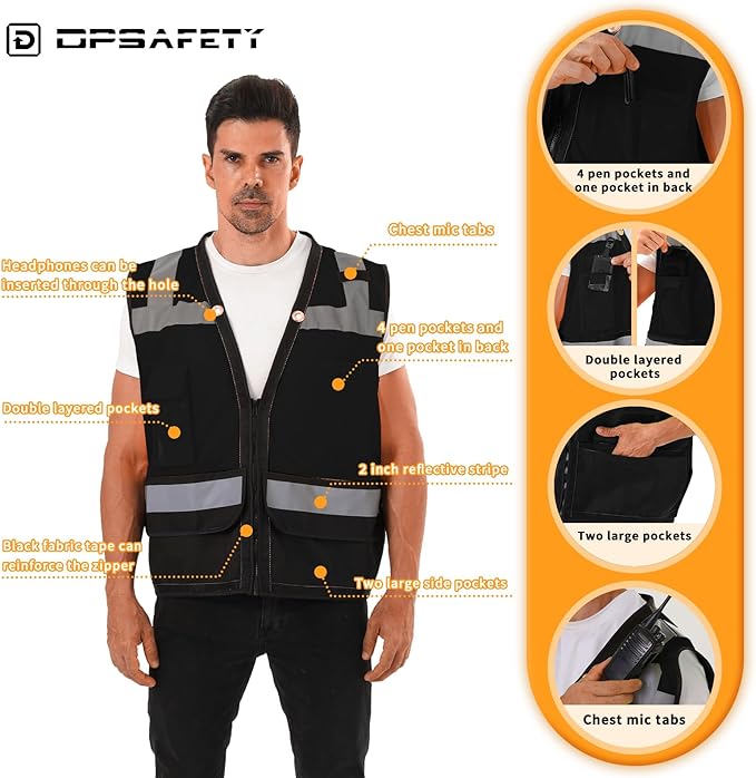 Reflective Safety Vest with Back Pouch, Hi Vis Class 2 Heavy Duty Surveyor Vest with Zipper, ANSI/ISEA Standard, Men's & Women's (Black, 5XL)