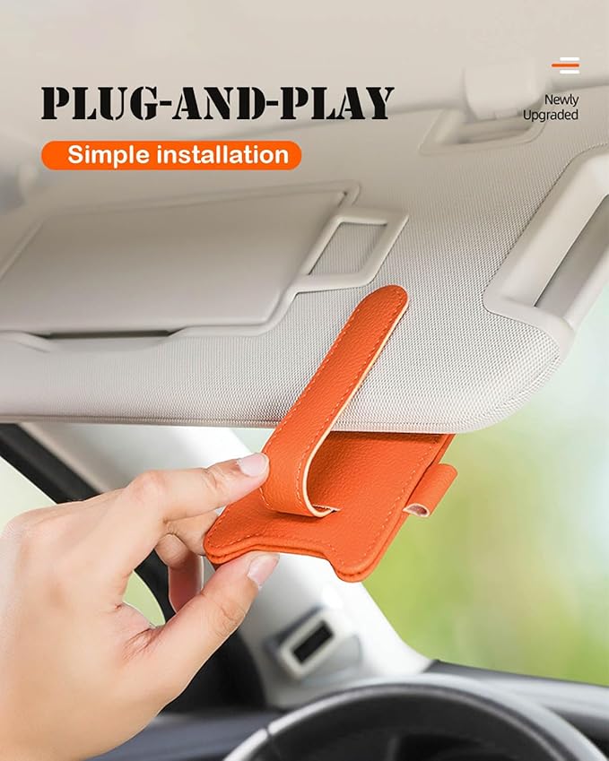 Sunglasses Holder for Car Visor, Magnetic Leather Glasses Eyeglass Clip, With Ticket and Pen Clip (Black)