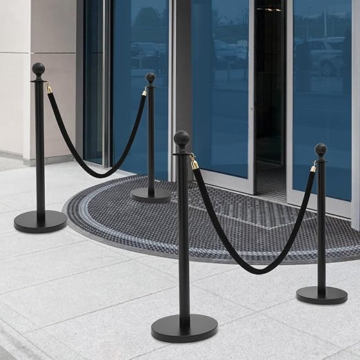 4 PCS Stanchion Posts with 2 Velvet Ropes, Black & Gold Crowd Control Barriers with Fillable Base, Stainless Steel Ball Top Poles for Event, Red Carpet, Museum & Wedding Decor