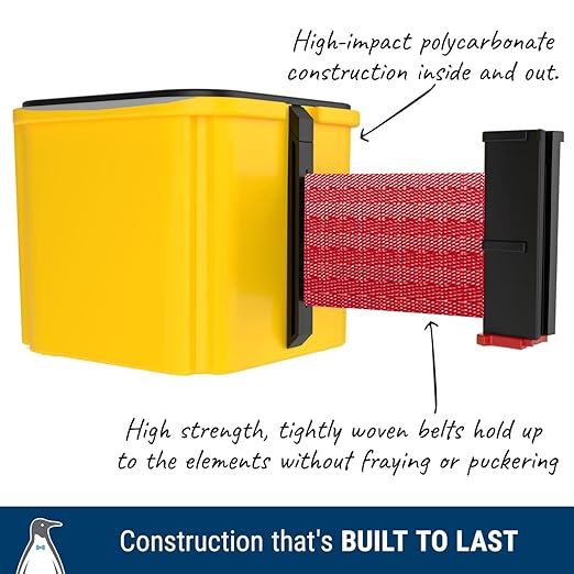 WM412 Retractable Belt Wall Mounted Smooth Black Crowd Control Barrier and Receiving End, 15' Fluorescent Yellow Belt