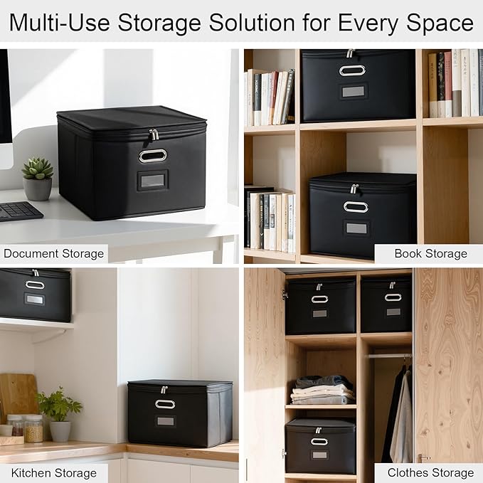 4 Pack Large File Organizer Boxes with Lids, Document Organizer Box with Mesh Pockets & Zippers for Letter/Legal Size Folders, Collapsible File Storage Box (Black, Without Folders)