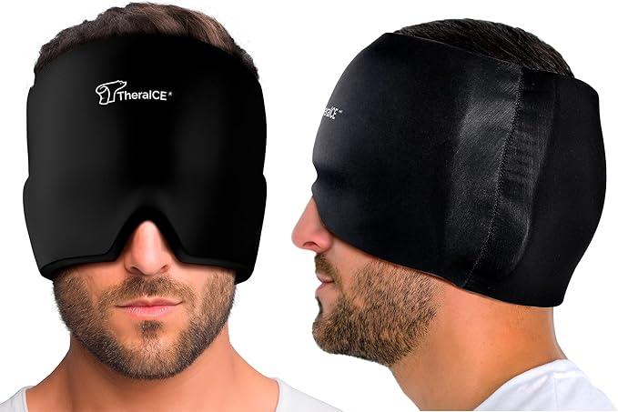 TheraICE Migraine Relief Cap, Soothing Headache Hat Ice Pack Mask, Face Cold Compress Cooling Gel Head Wrap Products for Tension, Stress & Hangover