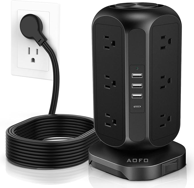 Power Strip Tower AOFO Surge Protector 12 AC Outlets with 4 USB(1 USB C) Ports Charging Station with Overload Protection, Widely Spaced Multiple Outlets with 10Ft Extension Cord for Home,Dorm & Office