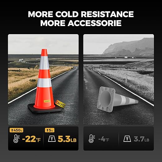 8 Pack 28 Inch Traffic Cones with Black Base, from -22℉ to 131℉, MUTCD-Compliant Orange Safety Cone with Reflective Collar ＆ Extra Caution Tape for Parking Lot, Construction Work, Road Safety