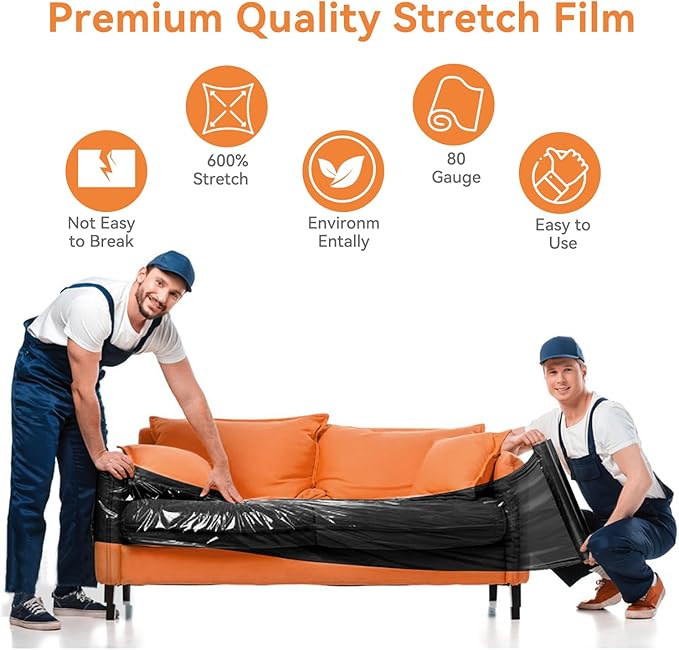 18" x 1500' Stretch Film Shrink Wrap Roll - Black Plastic Wrap for Moving, Heavy Duty 80 Gauge, 600% Stretch for Packing, Pallets, Shipping&Furniture Protection with Handles(4 Rolls)