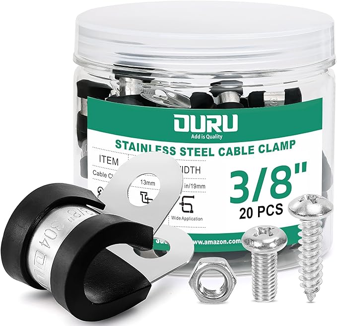 20PCS 3/8 Inch Cable Clamps with 45PCS Screws Assortment Kit 304 Stainless Steel Rubber Cushioned Insulated Cable Clamp, Automotive Wire Pipe Clamps(10mm)