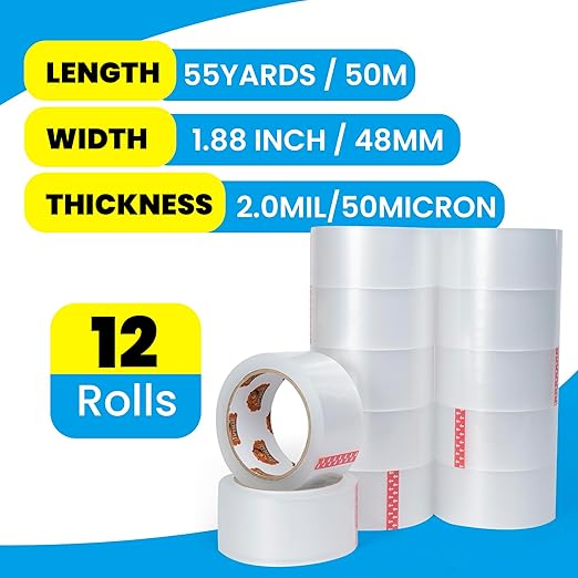 TAPEBEAR Clear Packing Tape 96 Rolls, 1.88" x 55Yards x 2.0mil Thick, Acrylic Adhesive Shipping Tape for Mailing, Sealing, Box Office Moving Packaging, Total 5280Yards