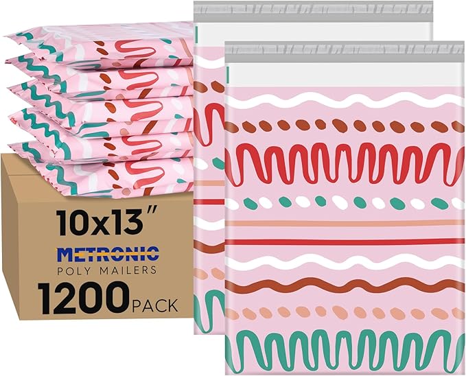 Metronic Poly Mailers 10x13 Inch 1200pc Shipping Bags for Clothes,Self Adhesive Shipping Envelopes for Small Business,Waterproof Mailers Poly Bags for Shipping,Packaging Mailing Bags Pink Squiggles