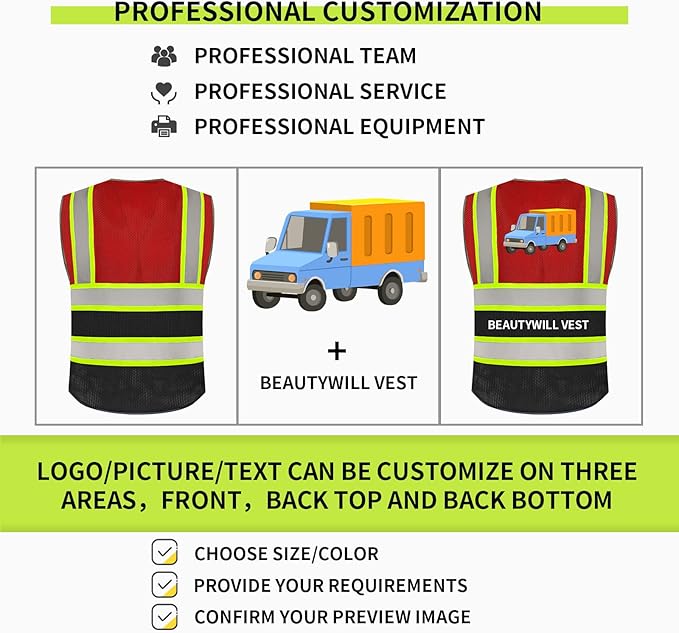 BeautyWill Custom Logo Safety Vest Class 2 High Visibility Reflective Vest for Men - Personalized Logo Team Vest