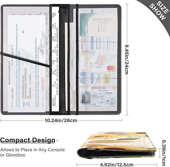 xigua Sunflower Car Registration and Insurance Holder,Leather Registration and Insurance Card Holder Vehicle Glove Box Organizer for Documents, Driver License and Cards122