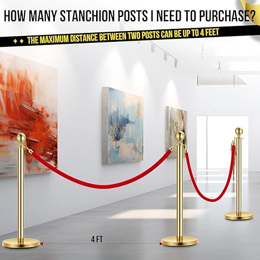5PCS Gold Stanchion Post, 5 Ft Red Velvet Rope Stainless Steel Crowd Control Barriers Used for Theaters Parties Wedding Museums Exhibition
