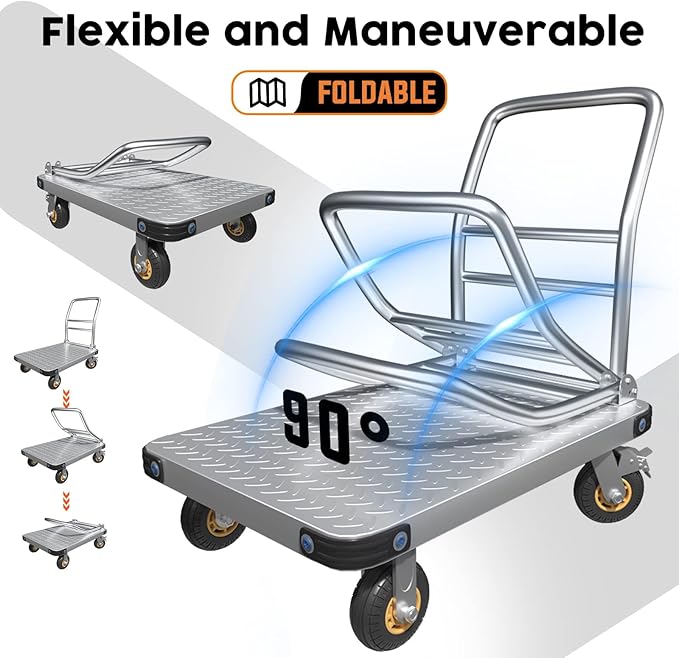 Heavy Duty Platform Truck Flat Moving Cart Hand Trucks, 1500Lbs Steel Push Cart Dolly, 30 x 19in Large Flatbed with 4'' 360 Degree Swivel Wheels for Easy Storage