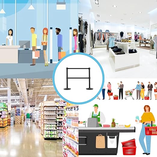 Crowd Control Warehouse CCW Set of 2 Dual Retractable Belt Barrier Stanchion, Cast Iron Base Black Post, IRBB-100D (11 Belt, Black with Horizontal Blue Stripe Belt)