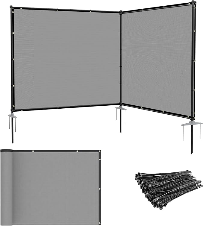 Patio 6' x 8' Outdoor Privacy Screen Freestanding Temporary Fence Panels Net Cover with Metal Poles for Outside Backyard Pool Garden Air Conditioner Fencing, Light Gray