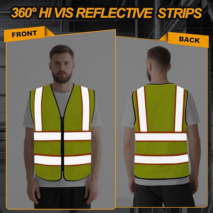 High Visibility Vest for Men Women 5 Pockets Safety Vest with Reflective Strips, Hi Vis Vest with Mesh Fabric, Breathable, (GR720-Yellow,M).