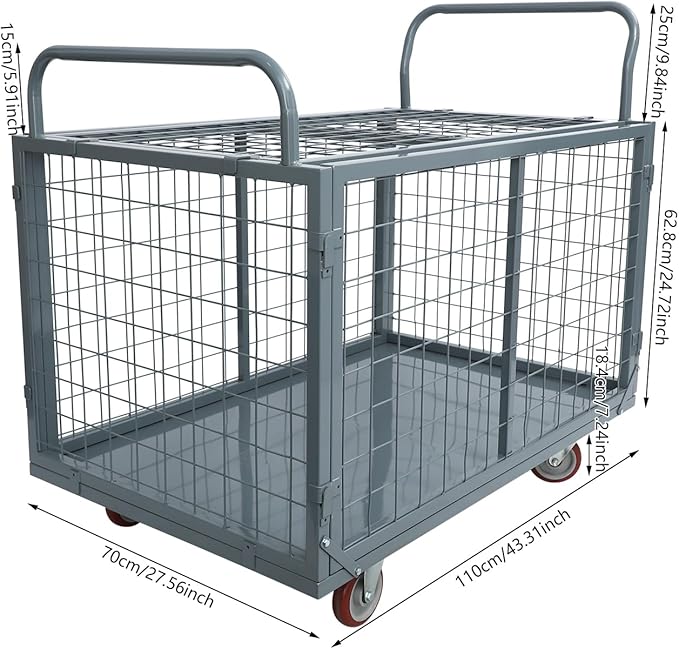 5 in 1 Mutipurpose Platform Truck Cart with Cage, 2200lbs Capacity Heavy Duty Rolling Cart Hand Truck with Wheels, 43.31"×27.56"×41.8" for Workshops Warehouses