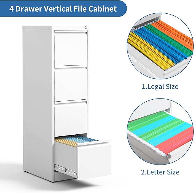 4 Drawer File Cabinet, Metal Vertical Filing Cabinets for Home Office, Steel Storage Cabinet for Hanging Legal/Letter Size Files, Assembly Required (White)