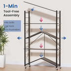 ALANNG 40" W Foldable 5-Tier Storage Shelves with Wheels, Adjustable & Removable Metal Rack, Heavy Duty Rolling Organizer for Kitchen, Garage, Closet, Pantry, and Office (Black,4 Pack)
