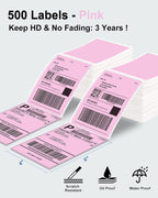 Phomemo 4x6 Thermal Label Printer Paper - 100 PCS Pink 4"x6" Fan-Fold Shipping Supplies Labels - Water/Oilproof Mailing Label - Permanent Adhesive Thermal Shipping Labels for Ship Packages