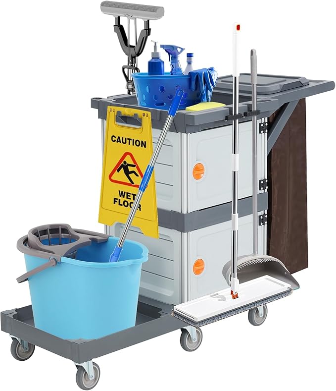 Heavy-Duty Commercial Janitorial Cleaning Cart with Dual Cabinets, 3 Storage Shelves, Vinyl Trash Bag & Smooth-Rolling Wheels – Professional Housekeeping Trolley for Hotels, Schools & Apartments