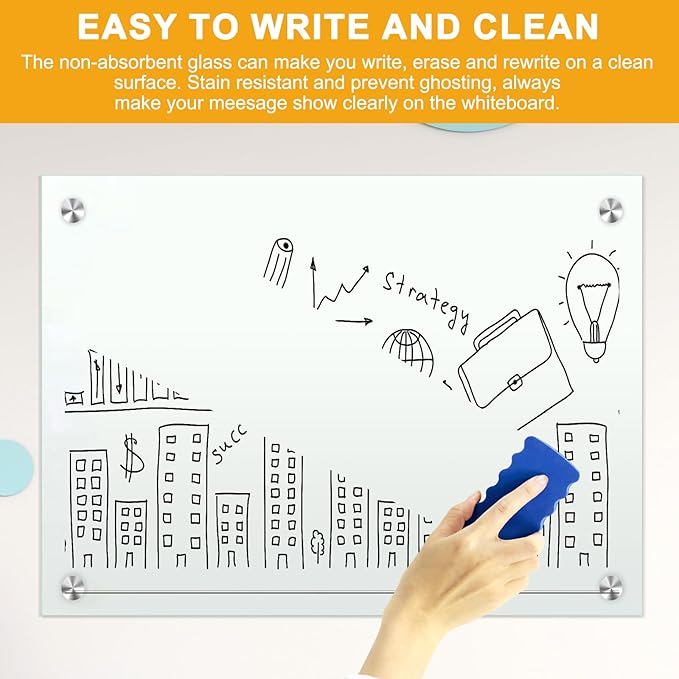 H-Qprobd Dry Erase White Board for Wall 72"x40" Magnetic Glass Frameless Whiteboard Mount for Home School Supplies or Home Office Decor, Includes 8 Magnets, 8 Markers and 2 Erasers