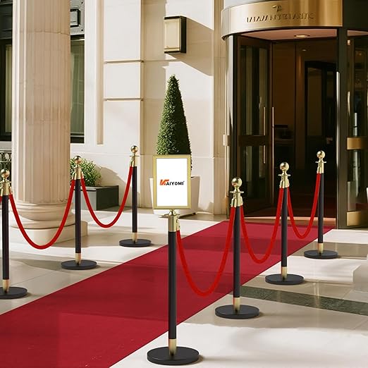 kaiyomi 8Pcs Stanchions Posts Velvet Ropes with Red Carpet and Sign Frame, Water or Sand-Fillable Base, Suitable for 8.5" x 11" A4 Paper Size Sign Frame for Red Carpet Party Decoration (Black&Golden)