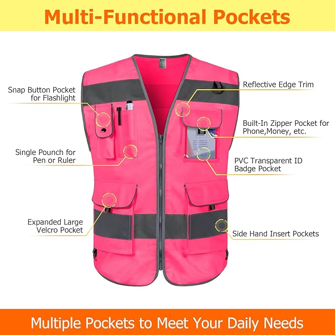 TCCFCCT Reflective Safety Vest 9 Pockets High Visibility Vest for Men Women, Hi Vis Construction Work Vest with Reinforced Sewing, Durable to Use, Meets ANSI/ISEA Standards, (Pink, 5X-Large)