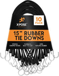 Rubber Bungee Cords with Hooks 10 Pack 15 Inch (23” Max Stretch) - Heavy-Duty Black Tie Down Straps for Outdoor, Tarp Covers, Canvas Canopies, Motorcycle, and Cargo - by Xpose Safety