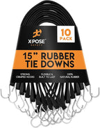 Rubber Bungee Cords with Hooks 10 Pack 15 Inch (23” Max Stretch) - Heavy-Duty Black Tie Down Straps for Outdoor, Tarp Covers, Canvas Canopies, Motorcycle, and Cargo - by Xpose Safety