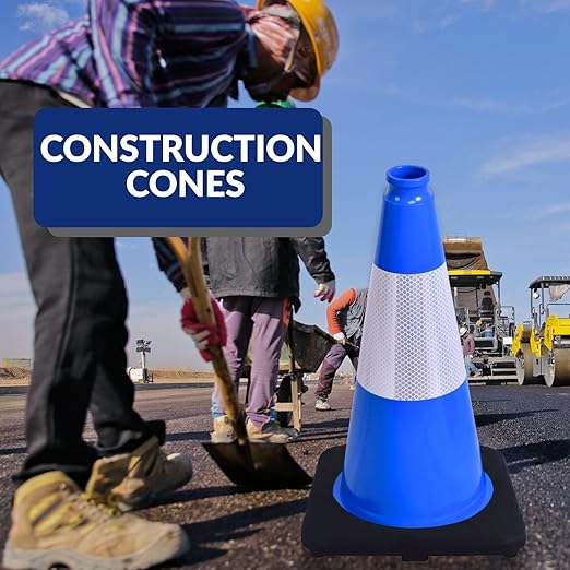BESEA 8Pack 18 Inch Blue Traffic Cones with 6 Inch Reflective Collar, Heavy Duty PVC Safety Cones with 10.5 x 10.5 Inch Base for Parking, Driving Practice, Sports Training, and Construction