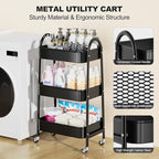EAGMAK 3 Tier Rolling Cart, Large Metal Storage Cart with Handle and Lockable Wheels, Big Multifunctional Storage Organizer Trolley with Mesh Baskets for Kitchen, Living Room, Office, Garage (Black)