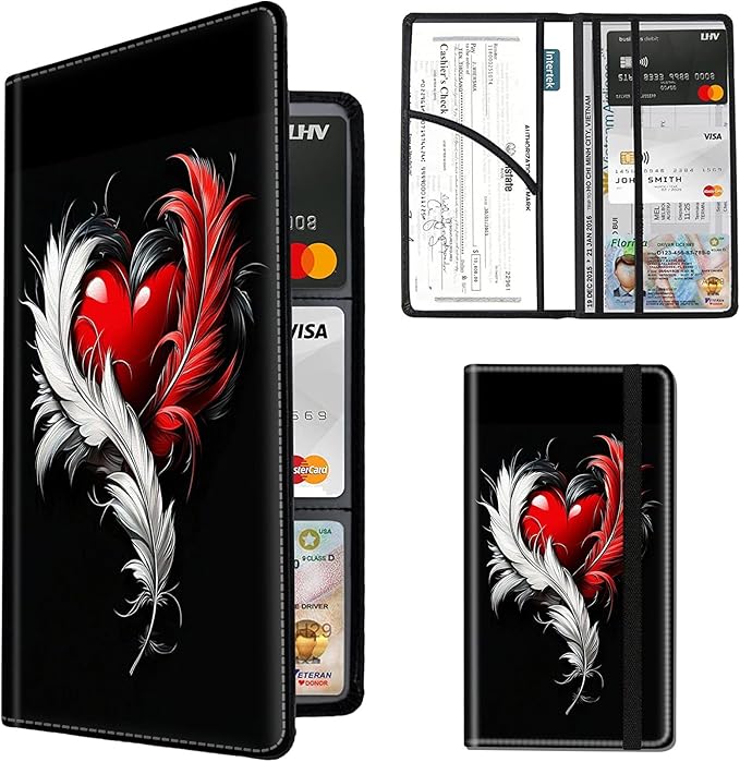 Car Registration and Insurance Holder,Leather Insurance License and Registration Card Holder for Car Glove Box, Auto Truck Document Holder Organizer for Men Women-Red Heart with Feather