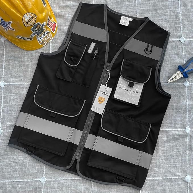 TCCFCCT Safety Vest 9 Pockets High Visibility Reflective Safety Vest for Men Women, Hi Vis Work Vest with Reflective Strips, Meets ANSI/ISEA Standards, (Black, 3X-Large)