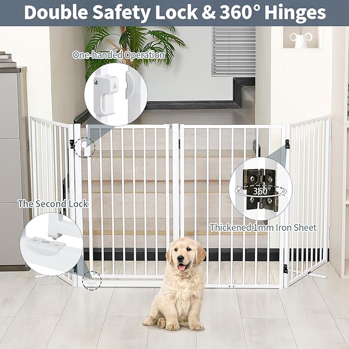 Metal Freestanding Dog Gates with Door for Outdoor Indoor,80'' Extra Wide 36'' Tall Free Standing Dog Gate for Doorways,Large Openings,Deck,Yard,Porch,Foldable Pet Fence(White,4 Panels)